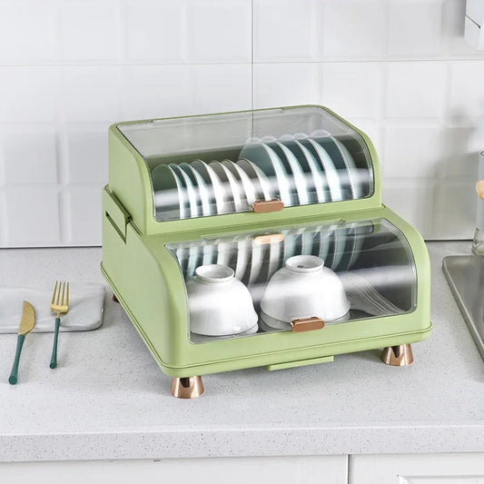 Kitchen Double Layer Dish Rack With Lid